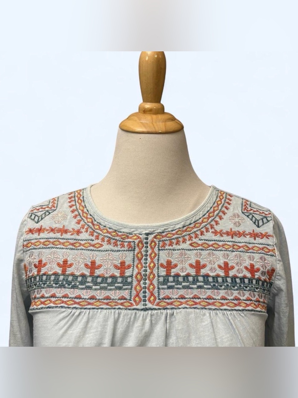 Sundance Medium Long Sleeve Embroidered Peasant Shirt Blue Cotton Boho Cactus - Picture 4 of 6